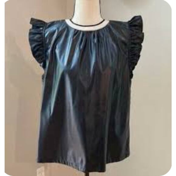 THML Small Black Faux Leather Short Flutter Sleeve Flowy Blouse Knit Neck - Picture 2 of 11